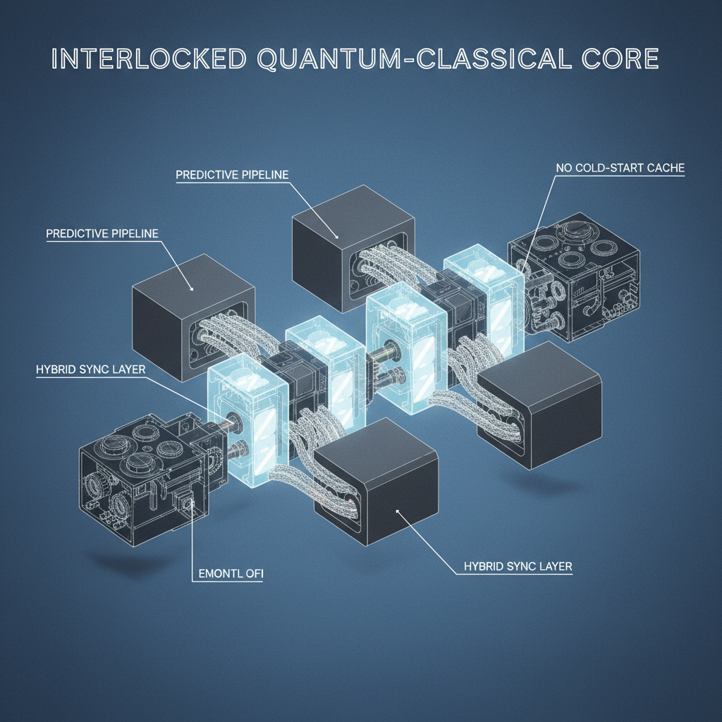 technical blueprint on blue paper, white precise lines, engineering annotations, 1950s aerospace, Interlocked quantum-classical core, split into glowing quantum processing segments and matte classical logic blocks, connected by braided fiber-like conduits representing entangled task scheduling; annotation lines label: "predictive pipeline," "no cold-start cache," "hybrid sync layer"; overhead lighting highlights layered cutaway structure, clean white negative space isolates the mechanism, technical diagram style with precision linework and minimal color accents [Nano Banana]
