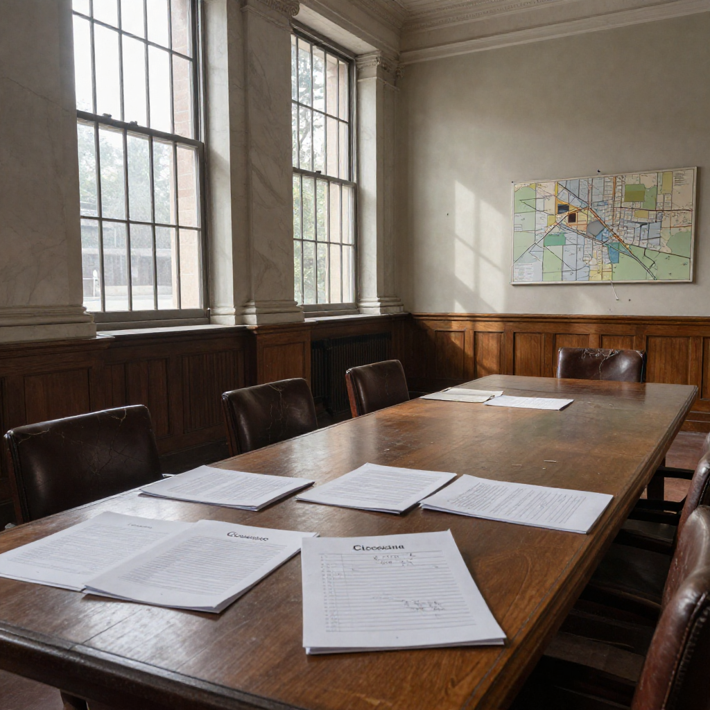 empty formal interior, natural lighting through tall windows, wood paneling, institutional architecture, sense of history and permanence, marble columns, high ceilings, formal furniture, muted palette, an abandoned school board committee room converted into a corporate-style meeting hall, cracked leather chairs arranged around a long mahogany table stacked with closure reports and budget cut proposals, a single frayed attendance ledger splayed open showing only one name, a small, faded map of a demolished neighborhood pinned to the wall with pushpins trailing loose strings, natural light slicing through high shuttered windows casting long prison-bar shadows, dust hanging in the air like settled grief [Z-Image Turbo]