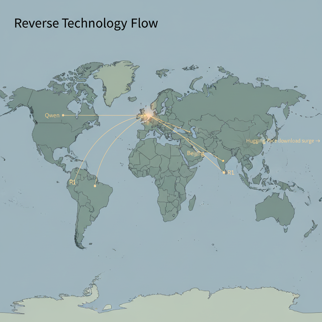 flat color political map, clean cartographic style, muted earth tones, no 3D effects, geographic clarity, professional map illustration, minimal ornamentation, clear typography, restrained color coding, flat 2D world map with subtle gradient shading differentiating regions, clean geopolitical boundaries, and thin annotated lines tracing reverse technology flow from Hangzhou and Beijing to Silicon Valley and Pentagon-linked hubs, labeled 'Qwen', 'R1', 'Hugging Face download surge →', the lines glowing faint amber over otherwise muted blues and grays, a faint fracture radiating from Washington D.C. like a cracked lens, atmosphere of quiet systemic erosion [Nano Banana]