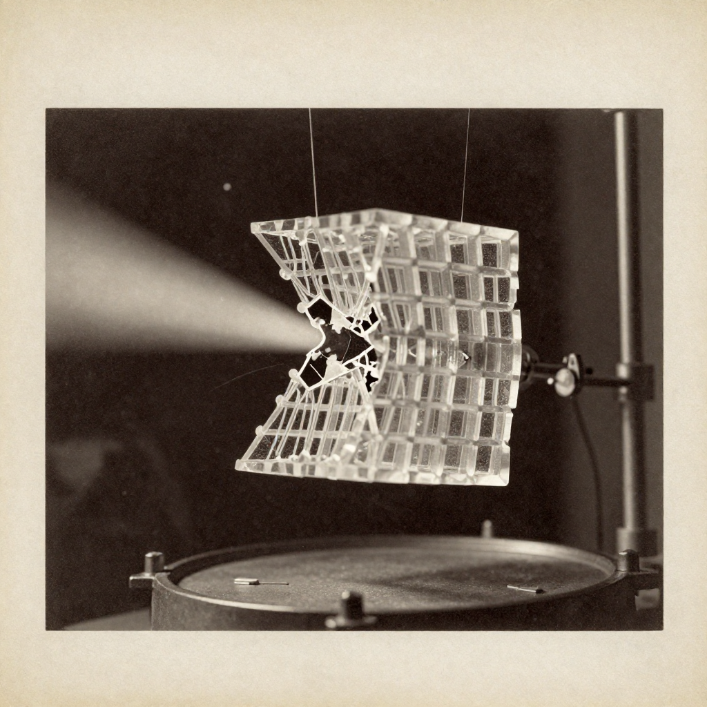 vintage Victorian newspaper photograph, sepia tone, aged paper texture, halftone dot printing, 1890s photojournalism, slight grain, archival quality, authentic period photography, a fractured crystal lattice fusing with a nested grid structure, made of translucent silicon and etched tungsten, lit from the left by a sharp, narrow beam, suspended in a vacuum chamber with faint particle trails, atmosphere of controlled tension and atomic precision [Z-Image Turbo]