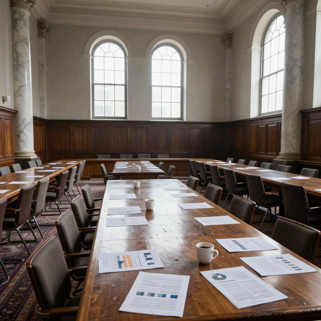empty formal interior, natural lighting through tall windows, wood paneling, institutional architecture, sense of history and permanence, marble columns, high ceilings, formal furniture, muted palette, an empty committee chamber, long oak table scarred with faint rings from coffee cups, scattered papers bearing demographic charts and policy drafts, tall arched windows streaming morning light across worn Persian rugs, silence hanging in dust motes above unoccupied chairs [Z-Image Turbo]