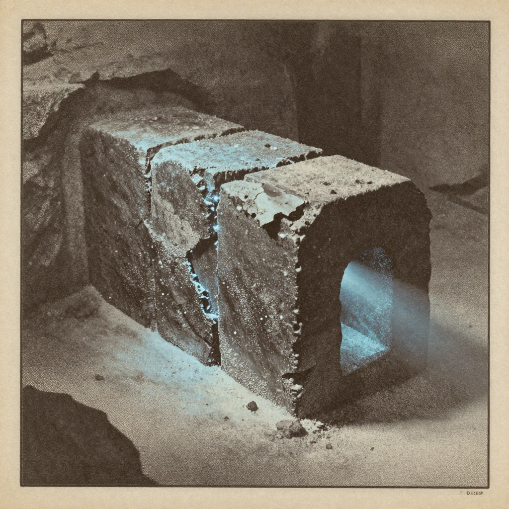 vintage Victorian newspaper photograph, sepia tone, aged paper texture, halftone dot printing, 1890s photojournalism, slight grain, archival quality, authentic period photography, a self-eroding vault, forged from dark crystalline alloy with faintly glowing internal seams, half-submerged in frost-coated stone, lit from the side by a narrow beam of cold blue light, atmosphere of silent urgency and impermanence—its surface flaking into fine dust where touched by the light, revealing nothing within [Z-Image Turbo]