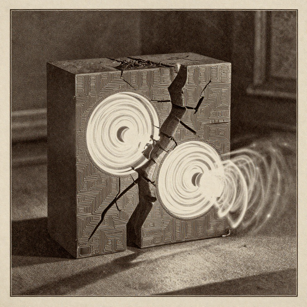 vintage Victorian newspaper photograph, sepia tone, aged paper texture, halftone dot printing, 1890s photojournalism, slight grain, archival quality, authentic period photography, A cracked quantum lattice core embedded with two opposing resonant chambers, one glowing with inward-spiraling positive-phase light, the other with outward-pulsing negative-phase ripples, their surfaces precision-etched with recursive transformer patterns, illuminated by sharp side-lighting that casts deep, stable shadows; the atmosphere is hushed and electric, as if the entire structure is holding its breath against collapse. [Z-Image Turbo]