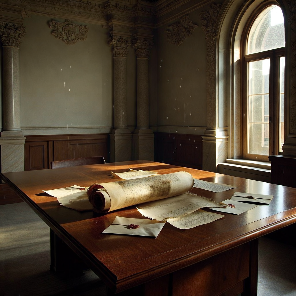empty formal interior, natural lighting through tall windows, wood paneling, institutional architecture, sense of history and permanence, marble columns, high ceilings, formal furniture, muted palette, A weathered silk scroll partially unrolled on a vast, empty mahogany committee table, its outer edges frayed and ink blurred in sections as if deliberately redacted, sunlight streaming through tall, arched windows casting long, sharp shadows across scattered translation drafts and sealed envelopes, the air still and hushed beneath ornate ceiling moldings, dust suspended like hesitation in the golden light. [Bria Fibo]