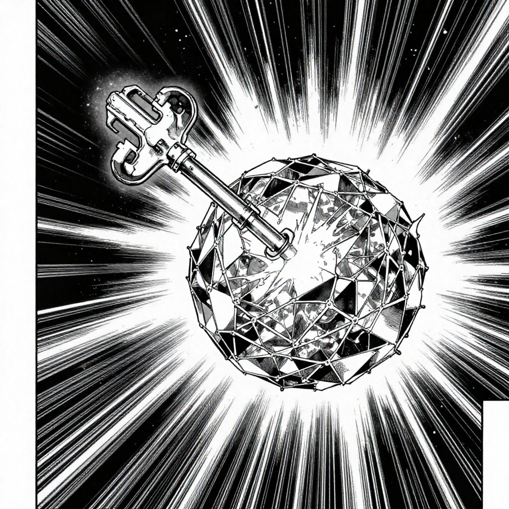 black and white manga panel, dramatic speed lines, Akira aesthetic, bold ink work, A crystalline quantum key mid-formation in low Earth orbit, its facets shifting like encrypted pulses, forged from strands of cooled plasma and reinforced titanium-light lattice, backlit by a sudden solar flare, speed lines bursting from its core like expanding shockwaves, suspended against a starless void of deep vacuum—silent, precise, and unstoppable. [Z-Image Turbo]