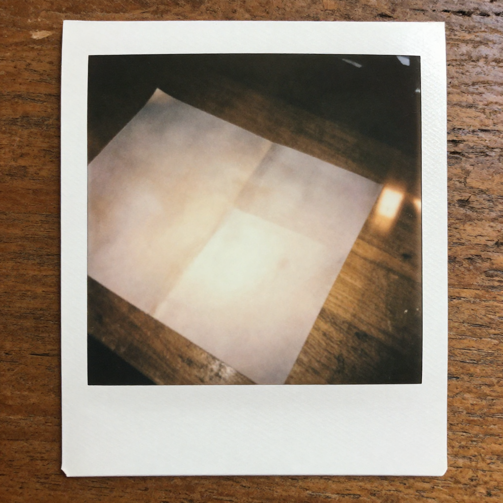 instant Polaroid photograph, vintage 1970s aesthetic, faded colors, white border frame, slightly overexposed, nostalgic lo-fi quality, amateur snapshot, a half-folded sheet of paper lying on a worn wooden table, its surface subtly shifting like drying ink retracting into the fibers, sunlight from a nearby window casting a soft diagonal glow across one edge, stillness in the air suggesting recent abandonment [Z-Image Turbo]