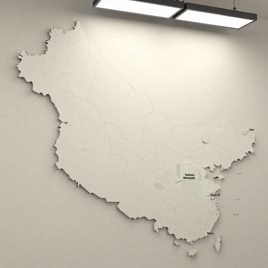 flat color political map, clean cartographic style, muted earth tones, no 3D effects, geographic clarity, professional map illustration, minimal ornamentation, clear typography, restrained color coding, a flat 2D political map with crisp, incomplete boundary lines extending into blank terrain, one side filled with subtle gradients marking planned tech zones and labeled 'Northern Metropolis', 'MSC', 'Brasília', while the other remains blank; faint highway routes fade into white space, thin annotation lines questioning 'demand?', 'activity?', 'growth?' hover like ghosts; overhead fluorescent lighting from above, casting sharp flat shadows of drafting tools; atmosphere of suspended momentum, as if the dream stalled mid-conception [Z-Image Turbo]