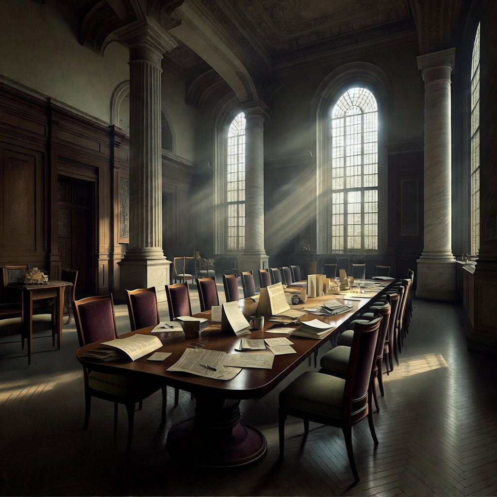 empty formal interior, natural lighting through tall windows, wood paneling, institutional architecture, sense of history and permanence, marble columns, high ceilings, formal furniture, muted palette, a vast, abandoned committee chamber, long polished table strewn with forgotten documents and half-written directives, natural light pouring through floor-to-ceiling arched windows behind, dust motes suspended in golden beams, silence pressing down like weight, atmosphere of suspended crisis [Bria Fibo]