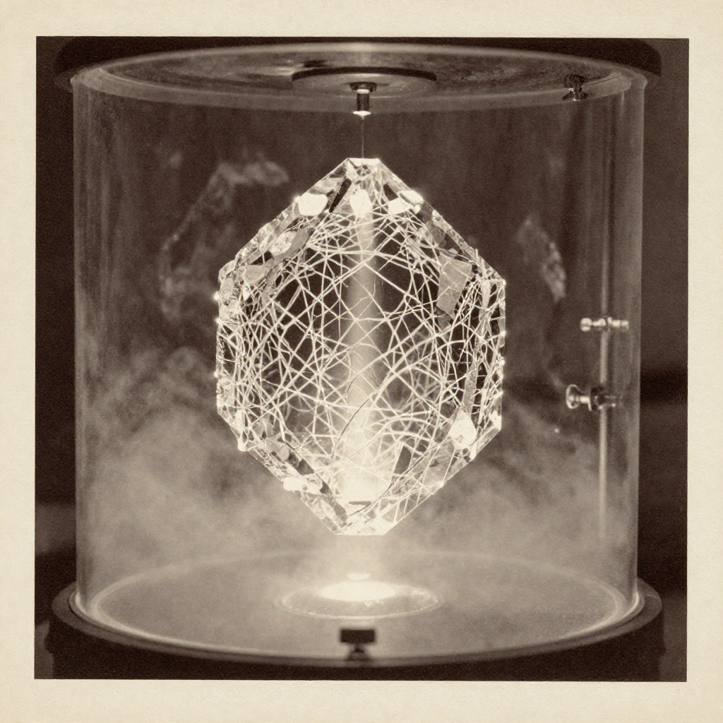 vintage Victorian newspaper photograph, sepia tone, aged paper texture, halftone dot printing, 1890s photojournalism, slight grain, archival quality, authentic period photography, a fractured quantum crystal, its facets etched with glowing, interlaced lattice patterns of superconducting pathways, lit from the side by a sharp, cold beam that ignites cascading refractions through its core, suspended in a vacuum chamber thick with cryogenic mist [Z-Image Turbo]