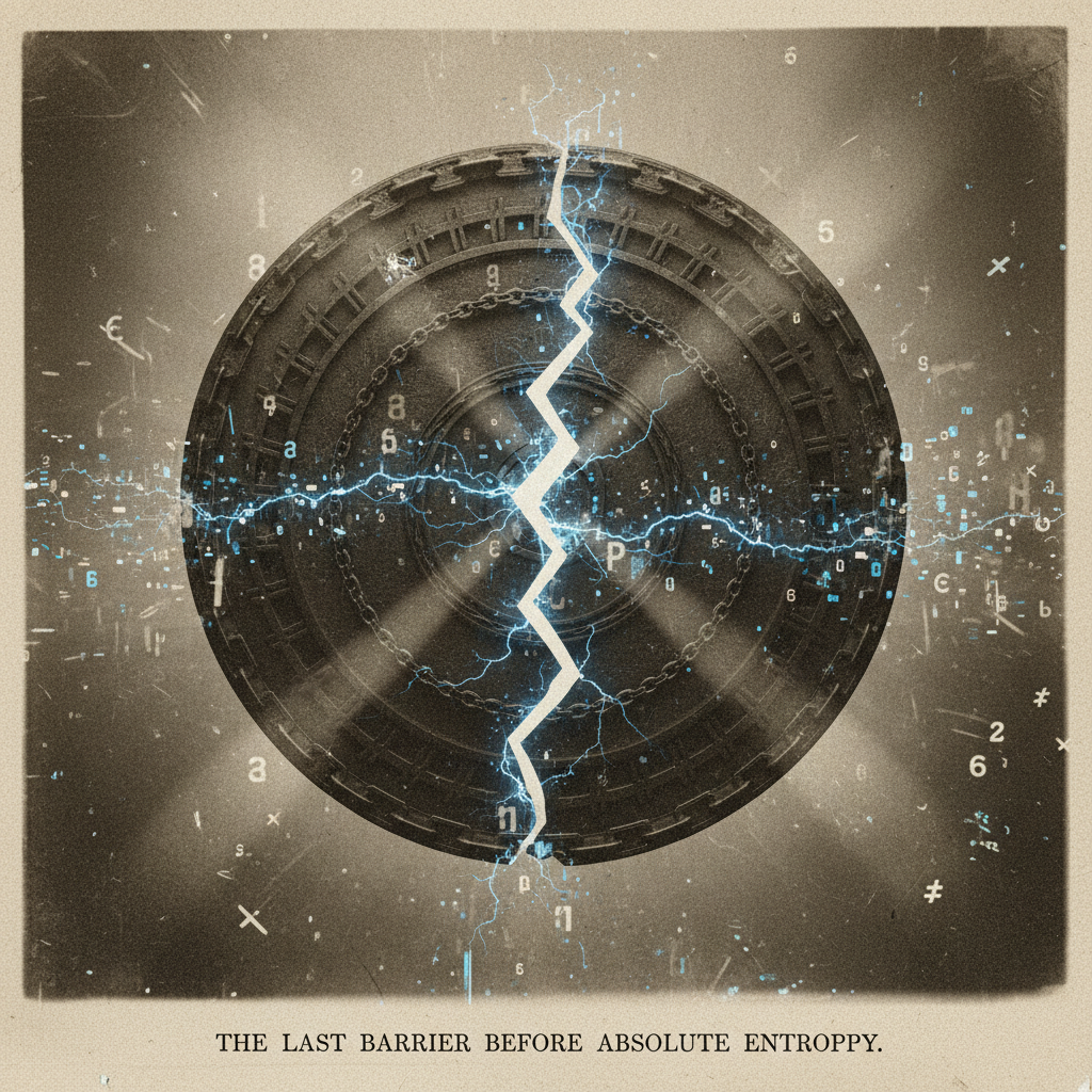 vintage Victorian newspaper photograph, sepia tone, aged paper texture, halftone dot printing, 1890s photojournalism, slight grain, archival quality, authentic period photography, A massive vault seal forged from obsidian-black hash chains, cracked down the center with glowing quantum fissures pulsing beneath, side-lit by cold blue beams that cast long, jagged shadows, the air thick with static haze and drifting cryptographic shards — the last barrier before absolute entropy [Nano Banana]