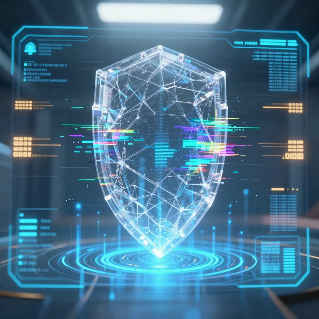 first-person view through futuristic HUD interface filling entire screen, transparent holographic overlays, neon blue UI elements, sci-fi heads-up display, digital glitch artifacts, RGB chromatic aberration, data corruption visual effects, immersive POV interface aesthetic, transparent quantum-resistant shield, crystalline lattice texture with subtle stress fractures healing instantly, backlit by pulsing blue data pulses from below, viewed through a layered heads-up display with diagnostic glyphs glowing in amber at the edges, central aperture revealing the shield's dynamic repair, cool sterile light from above, atmosphere of controlled digital scrutiny [Z-Image Turbo]