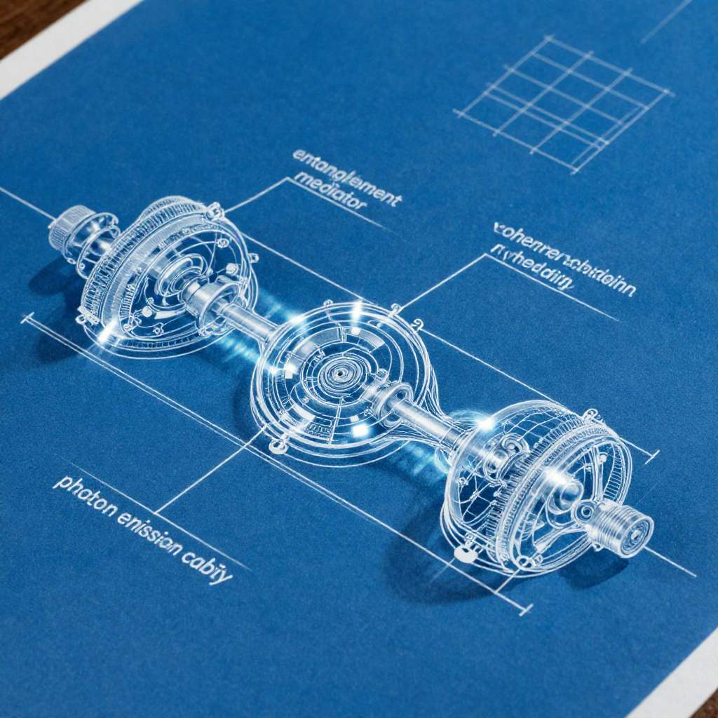 technical blueprint on blue paper, white precise lines, engineering annotations, 1950s aerospace, cutaway schematic of a cryogenic quantum node, three suspended ions aligned in vacuum chambers connected by crystalline photon waveguides, annotation lines pointing to 'entanglement mediator,' 'coherence shielding,' and 'photon emission cavity,' cold metallic textures with faint luminescent trails marking quantum pathways, overhead lighting casting sharp technical shadows, sterile precision atmosphere with floating calibration grids in negative space [Z-Image Turbo]