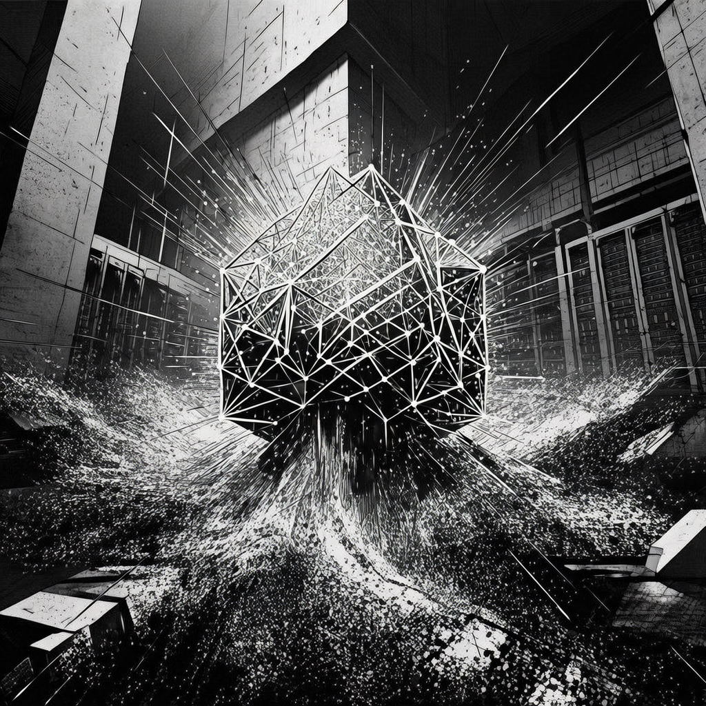 black and white manga panel, dramatic speed lines, Akira aesthetic, bold ink work, A complex, glowing geometric lattice of a convolutional code materializing from a shimmering, turbulent field of digital noise, viewed from a low angle within a stark, monolithic server chamber, sharp directional lighting from above casting long, crisp shadows, an atmosphere of profound and unbreakable order emerging from apparent chaos. [bria/fibo/generate]