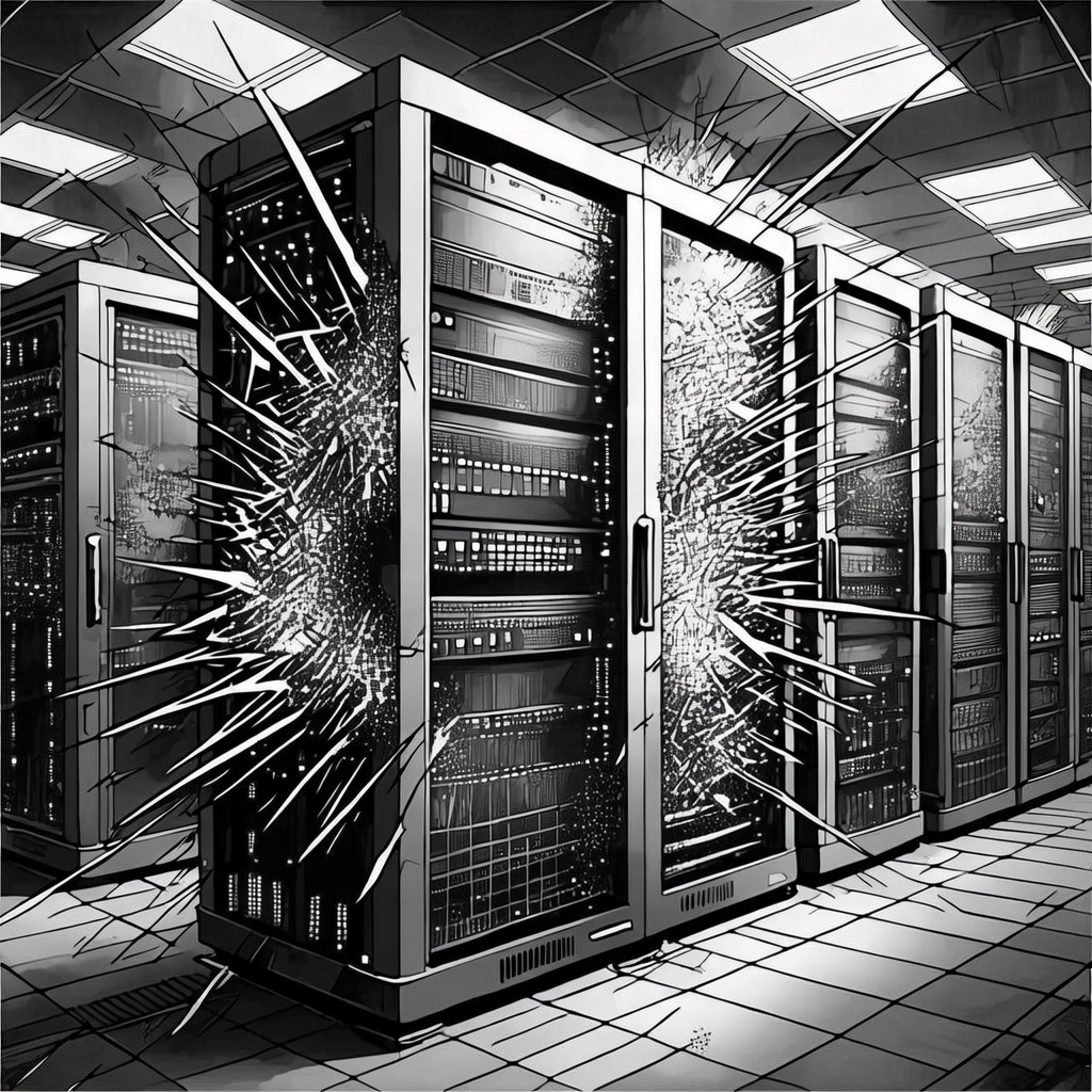 black and white manga panel, dramatic speed lines, Akira aesthetic, bold ink work, An advanced server room with rows of humming, illuminated server racks, where sections of the digital architecture are visibly dissolving into shimmering, chaotic static, harsh overhead lighting catching the disintegration, an atmosphere of silent, unstoppable intrusion and systemic collapse. [bria/fibo/generate]