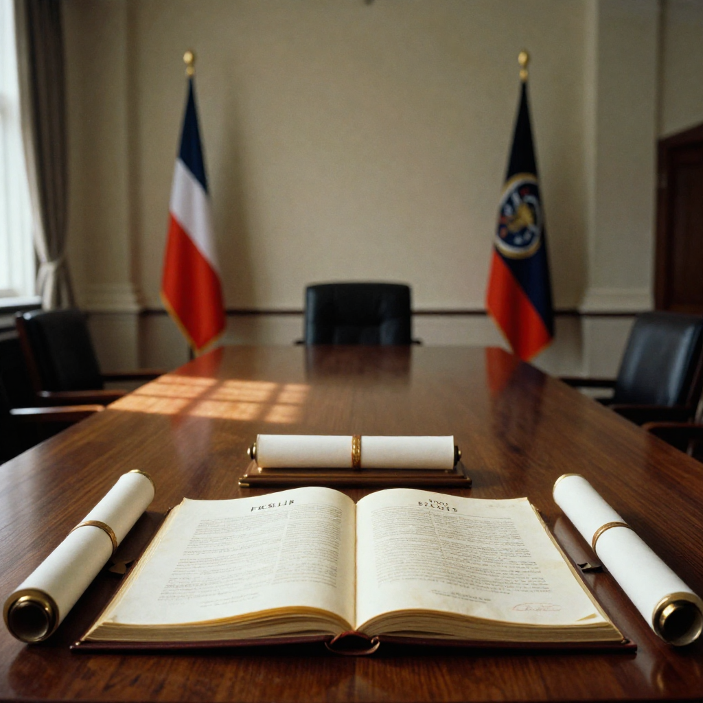 muted documentary photography, diplomatic setting, formal atmosphere, institutional gravitas, desaturated color palette, press photography style, 35mm film grain, natural lighting, professional photojournalism, a gilded ledger open on a long mahogany table, its pages inscribed with fading ink showing 'HK$1.1B' and '200 EVENTS', balanced precariously on one edge as if weighing invisible outcomes, flanked by folded flags and an unsigned treaty scroll bearing a crimson seal, side-lit by high window light casting narrow shadows, in a silent hall of pillars and muted ochre walls [Z-Image Turbo]