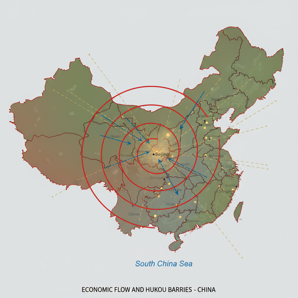 flat color political map, clean cartographic style, muted earth tones, no 3D effects, geographic clarity, professional map illustration, minimal ornamentation, clear typography, restrained color coding, Flat 2D map of China with sharply defined provincial boundaries, rendered in muted earth tones and cool grays, where major urban centers glow faintly in amber to indicate consumption capacity; thick red annotation lines trace the edges of restricted zones, symbolizing hukou barriers, while dashed blue arrows attempt to flow from interior provinces to coastal hubs but fracture midway; thin, broken gold lines radiate from the capital, representing underfunded social transfers, fading before reaching the periphery; subtle gradients show economic potential trapped within administrative borders, under overcast flat lighting that emphasizes containment and stagnation. [Nano Banana]