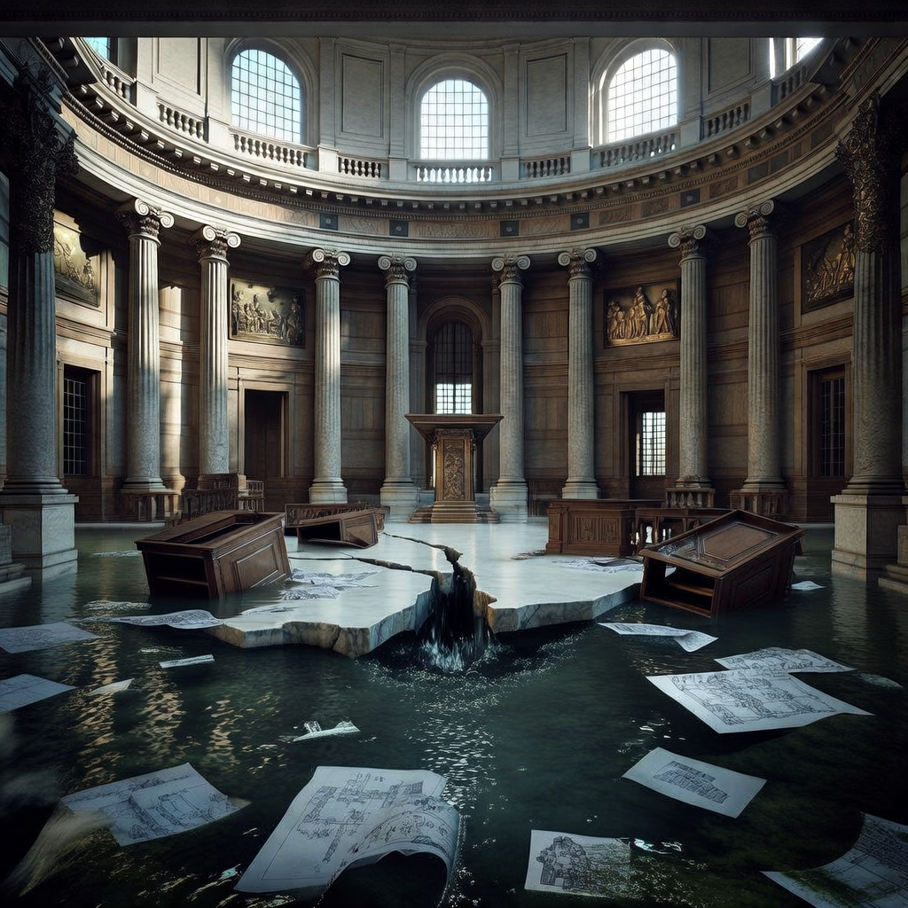 empty formal interior, natural lighting through tall windows, wood paneling, institutional architecture, sense of history and permanence, marble columns, high ceilings, formal furniture, muted palette, An immense, neoclassical legislative chamber, its marble floor split by a jagged fissure from which dark lake water slowly surges, pooling under overturned oak desks and scattered blueprints; morning light streams through tall, arched windows behind a vacant speaker’s podium, glinting off wet bronze reliefs of ancient land empires; the air is still, heavy with silence, the scent of damp paper and algae, as if the building itself has begun to drown beneath the weight of decisions too late to matter [Bria Fibo]