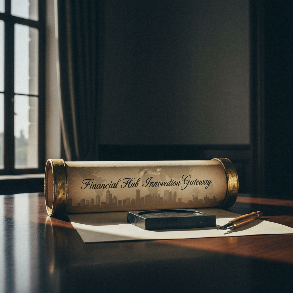 muted documentary photography, diplomatic setting, formal atmosphere, institutional gravitas, desaturated color palette, press photography style, 35mm film grain, natural lighting, professional photojournalism, An antique parchment scroll partially unfurled on a dark walnut table, its edges gilded but worn, the ink still wet and subtly shifting—words morphing between "Financial Hub" and "Innovation Gateway"—resting beside a ceremonial inkstone and a single unused dip pen; soft side lighting from a high window casts long shadows across the page, illuminating faint watermark impressions of global city skylines beneath the text; the atmosphere is hushed, solemn, like an archive at dawn, heavy with consequence and unspoken futures. [Nano Banana]