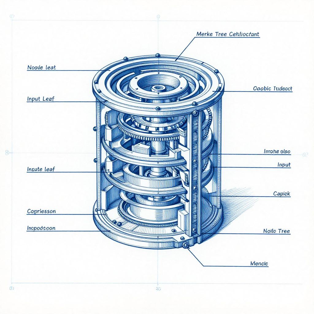 technical blueprint on blue paper, white precise lines, engineering annotations, 1950s aerospace, cutaway diagram of a brass Merkle Tree Certificate Vault, layered with interlocking cryptographic hash rings and labeled root chambers, input leaf slots, and compression gears, technical annotation lines pointing to structural components, cold blue ink on white drafting paper, precise linework, clean negative space [Z-Image Turbo]