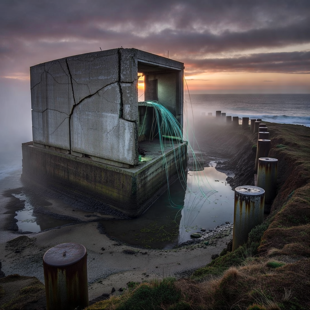 industrial scale photography, clean documentary style, infrastructure photography, muted industrial palette, systematic perspective, elevated vantage point, engineering photography, operational facilities, Abandoned undersea cable station on a storm-wet coastal bluff, concrete housing cracked and half-open, glowing fiber-optic strands spilling from its core into tidal pools below, backlit by the bruised colors of a dying sunset, the repeating pattern of protective bollards fading into fog, the sea slowly reclaiming the edge of the foundation [Bria Fibo]