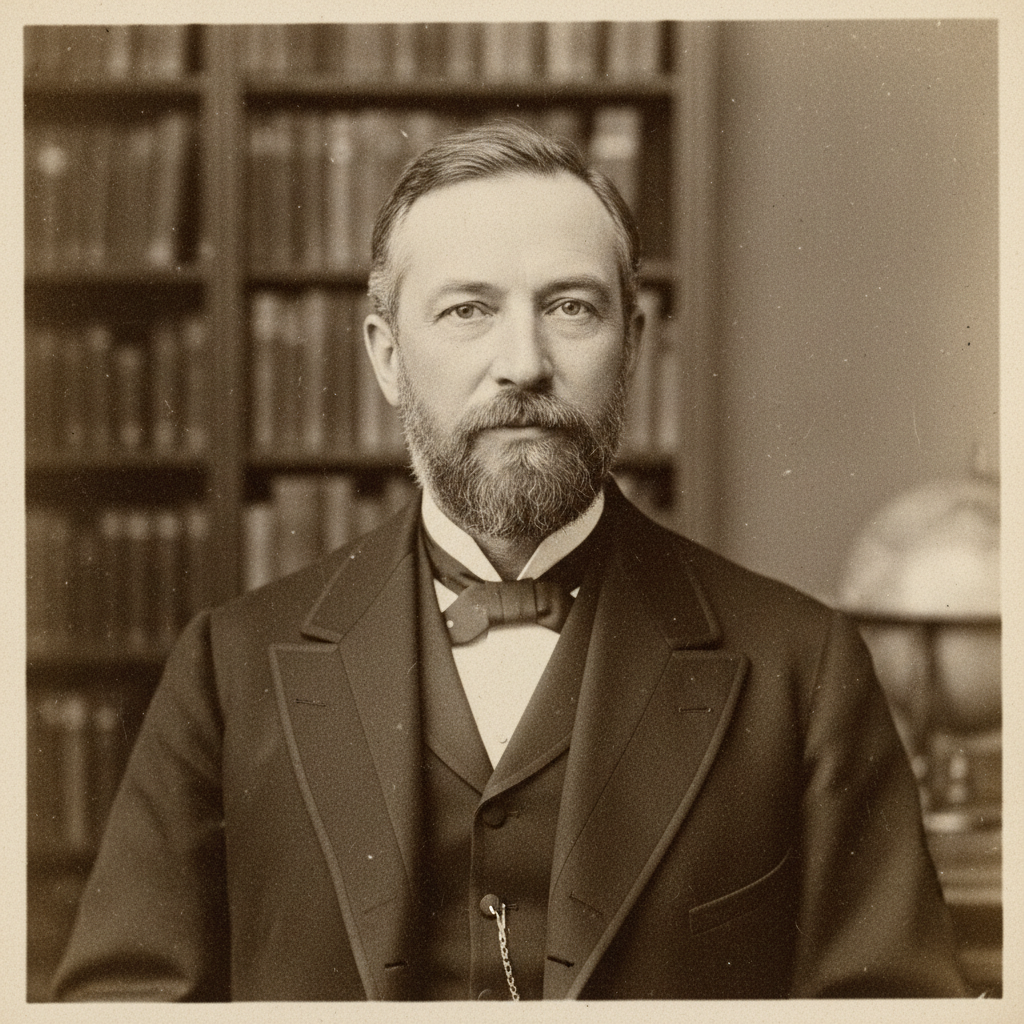 vintage Victorian newspaper photograph, sepia tone, aged paper texture, halftone dot printing, 1890s photojournalism, slight grain, archival quality, authentic period photography, distinguished scientist in formal attire facing camera directly, soft directional studio lighting creating subtle facial contouring, atmosphere of quiet anticipation and intellectual authority [fal-ai/nano-banana]