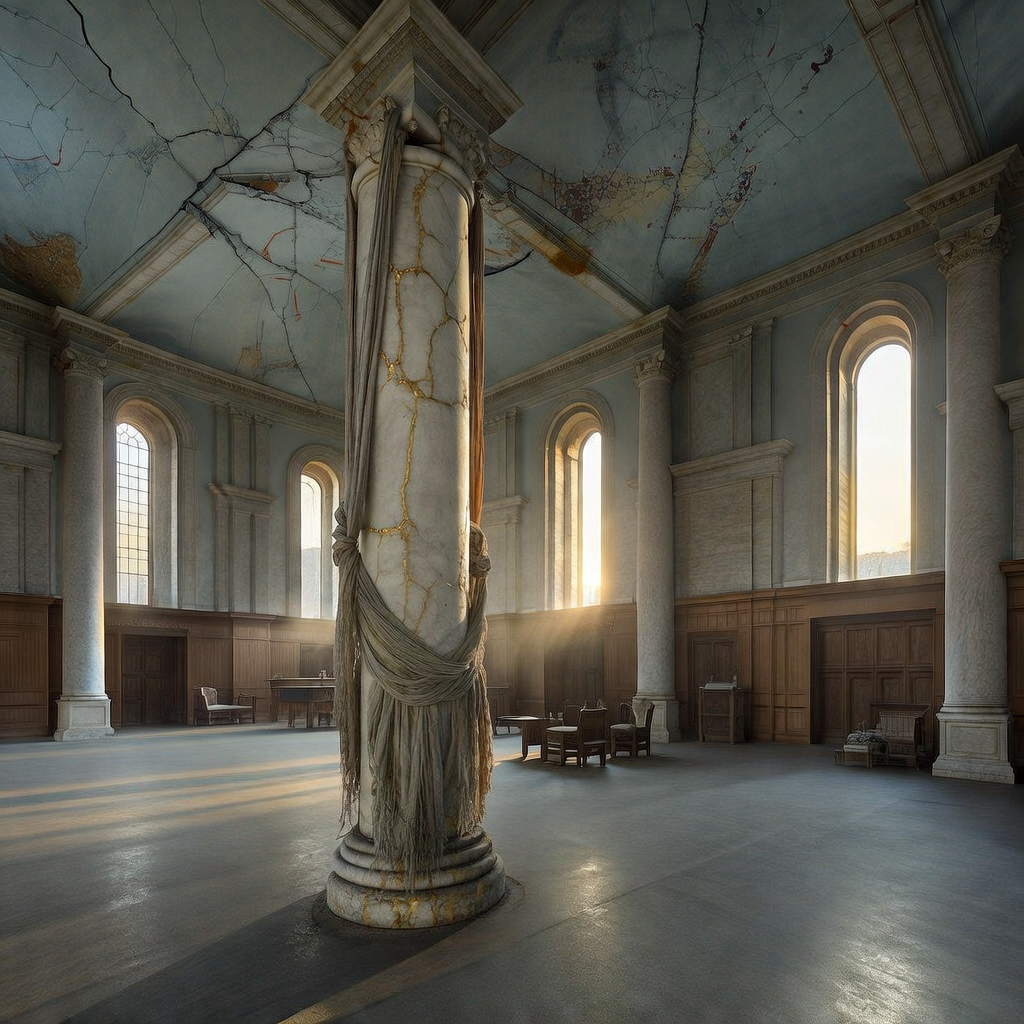 empty formal interior, natural lighting through tall windows, wood paneling, institutional architecture, sense of history and permanence, marble columns, high ceilings, formal furniture, muted palette, Frayed marble pillar, veined with golden cracks and wrapped in weathered silk cords, rises through a vast, empty hall under a fractured dome painted with fading constellations, dawn light slicing through high arches from the east, dust motes suspended in silence, the air thick with the weight of unsaid judgments [Bria Fibo]