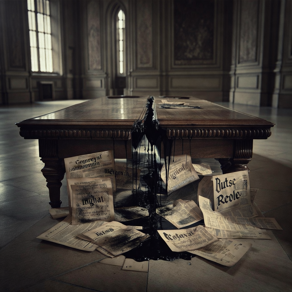 muted documentary photography, diplomatic setting, formal atmosphere, institutional gravitas, desaturated color palette, press photography style, 35mm film grain, natural lighting, professional photojournalism, a massive 19th-century treaty table split down the center with fissures leaking dark, viscous ink that pools into vintage newspaper clippings, hand-stamped sentiment tags, and stance labels in Gothic typeface, side-lit by tall arched windows in a dim embassy hall, atmosphere of silent confrontation and unresolved history [Bria Fibo]