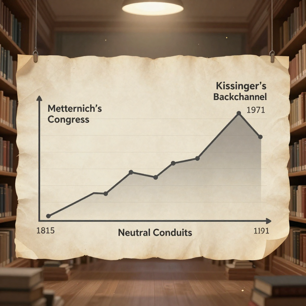 clean data visualization, flat 2D chart, muted academic palette, no 3D effects, evidence-based presentation, professional infographic, minimal decoration, clear axis labels, scholarly aesthetic, a large two-dimensional parchment-style timeline chart, inked lines and faded graphite annotations, lit evenly from above, suspended in a quiet archive hall with dust motes in the air — on the left, a clean trend line rises through 1815 marked 'Metternich's Congress'; on the right, another peaks at 1971 with 'Kissinger's Backchannel'; a thin, unbroken line connects them across the void, labeled 'Neutral Conduits' [Z-Image Turbo]