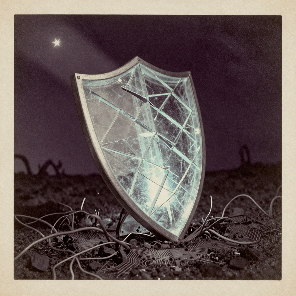 vintage Victorian newspaper photograph, sepia tone, aged paper texture, halftone dot printing, 1890s photojournalism, slight grain, archival quality, authentic period photography, a shattered digital shield made of fractured geometric ice, its surviving fragments interlocked in a lattice pattern glowing faintly with inner blue light, illuminated by a sharp side beam from a dying star, resting on scorched circuit-board soil where wires sprout like dead roots, atmosphere of silent aftermath under a violet-black sky [Z-Image Turbo]