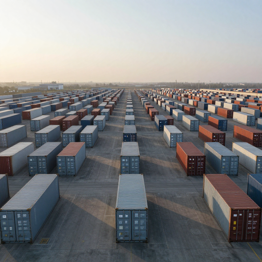 industrial scale photography, clean documentary style, infrastructure photography, muted industrial palette, systematic perspective, elevated vantage point, engineering photography, operational facilities, an infinite grid of shipping containers stretching to the horizon under a pale dawn sky, each container stamped with a unique but indecipherable AI-generated code, arranged in perfect rows that recursively subdivide into smaller identical grids, the patterns repeating at diminishing scales like a fractal, all under a hazy, low-angled light casting long, converging shadows across the tarmac, the atmosphere still and airless, suggesting irreversible momentum and silent systemic control [Z-Image Turbo]