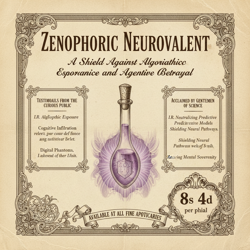 Victorian patent medicine advertisement, ornate decorative border with scrollwork and acanthus flourishes, bold Victorian serif typography headline reading "ZENOPHORIC NEUROVALENT", subtitle "A Shield Against Algorithmic Espionage and Agentive Betrayal" in refined script beneath, central illustration of a sealed glass phial with glowing violet fluid emitting protective aura, aged sepia paper texture with halftone dot printing effect, decorative bordered panels containing testimonials about relief from Algorithmic Exposure, price "8s 4d per phial" displayed in an ornamental cartouche in lower right, Victorian era commercial advertising aesthetic, 1890s design style [Nano Banana]