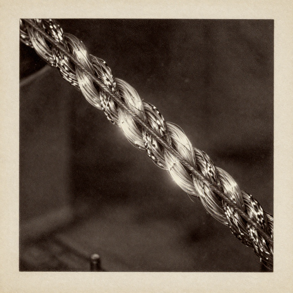vintage Victorian newspaper photograph, sepia tone, aged paper texture, halftone dot printing, 1890s photojournalism, slight grain, archival quality, authentic period photography, a thick braided security cable fused from crystalline fiber, etched titanium strands, and ghostly light-core threads, lit from the side by a narrow beam in a dark chamber, tension humming in the air as fine fractures glow faintly in the outer layers [Z-Image Turbo]