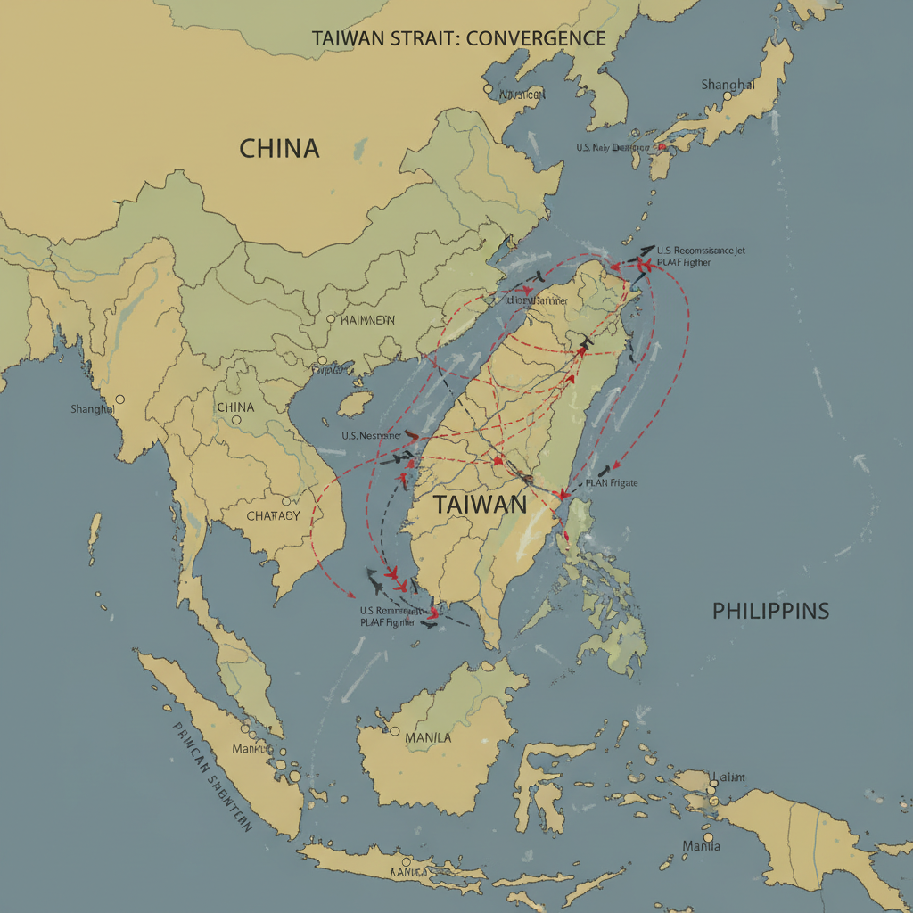 flat color political map, clean cartographic style, muted earth tones, no 3D effects, geographic clarity, professional map illustration, minimal ornamentation, clear typography, restrained color coding, a flat 2D political map of the Taiwan Strait region, inked boundary lines with visible fraying and stress marks where U.S. and Chinese patrol routes converge, red dashed annotations tracing near-miss paths of warships and aircraft, subtle color differentiation between territorial zones, faint wake and contrail impressions over sea surface, overhead perspective with muted daylight from above, atmosphere of quiet tension as if the map itself is holding its breath [Nano Banana]