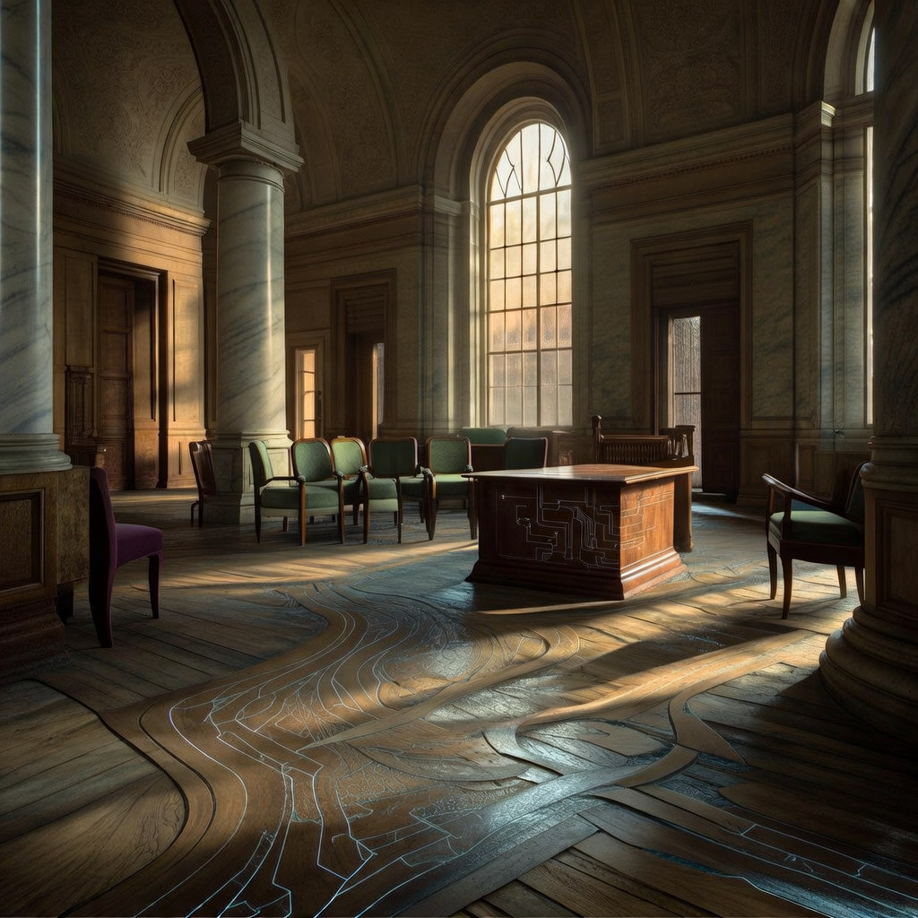 empty formal interior, natural lighting through tall windows, wood paneling, institutional architecture, sense of history and permanence, marble columns, high ceilings, formal furniture, muted palette, an abandoned legislative chamber with floorboards slowly lifting and reknitting into new patterns like migrating trade routes, polished oak surfaces marked with faint circuit-like engravings, natural light from tall arched windows casting long afternoon shadows, atmosphere of quiet transformation [Bria Fibo]