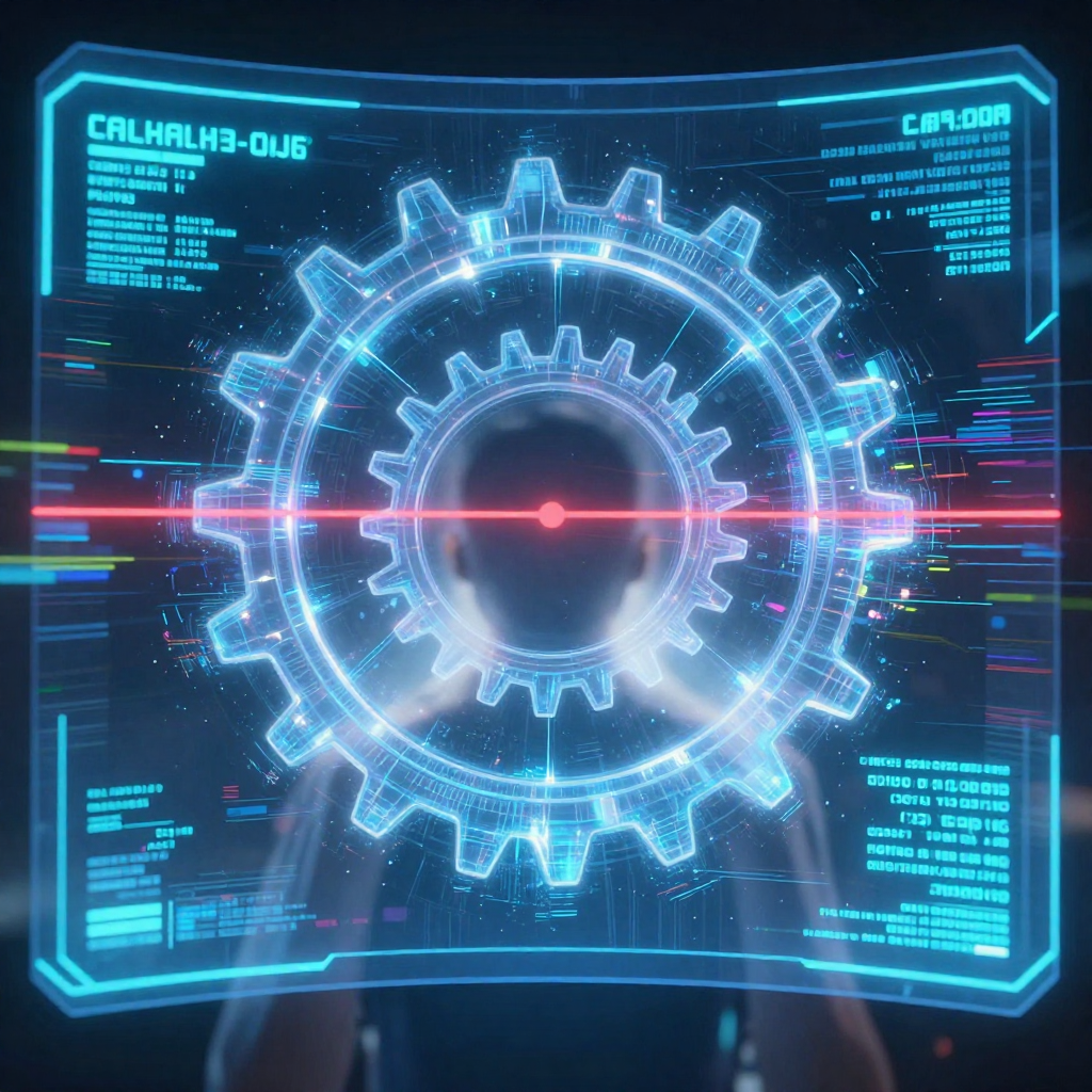 first-person view through futuristic HUD interface filling entire screen, transparent holographic overlays, neon blue UI elements, sci-fi heads-up display, digital glitch artifacts, RGB chromatic aberration, data corruption visual effects, immersive POV interface aesthetic, A translucent quantum gear, forged from fractured light and suspended in perfect stillness, viewed through a curved heads-up display; the gear’s interlocking teeth emerge only at its center, sharp and glowing, while the outer edges dissolve into probabilistic haze; data glyphs pulse in the upper-left and lower-right corners of the HUD—timestamp variances, collapse frequencies—etched in cold blue; a single red calibration line sweeps slowly across the center like a metronome, defining the instant of arrival; soft ambient glow from behind projects a faint human silhouette onto the interface, unseen but implied—the observer whose gaze completes the clock. [Z-Image Turbo]