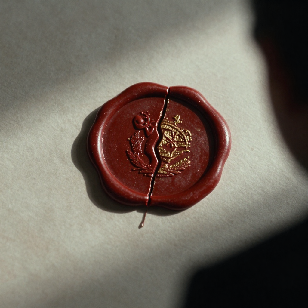 muted documentary photography, diplomatic setting, formal atmosphere, institutional gravitas, desaturated color palette, press photography style, 35mm film grain, natural lighting, professional photojournalism, a large ceremonial wax seal mounted on aged parchment, deep crimson wax with fine gold leaf inlay, cracked along a hairline fissure that splits the emblem in two, lit from the side by low institutional light casting long shadows across the fracture, atmosphere of quiet gravity and suspended consequence [Z-Image Turbo]