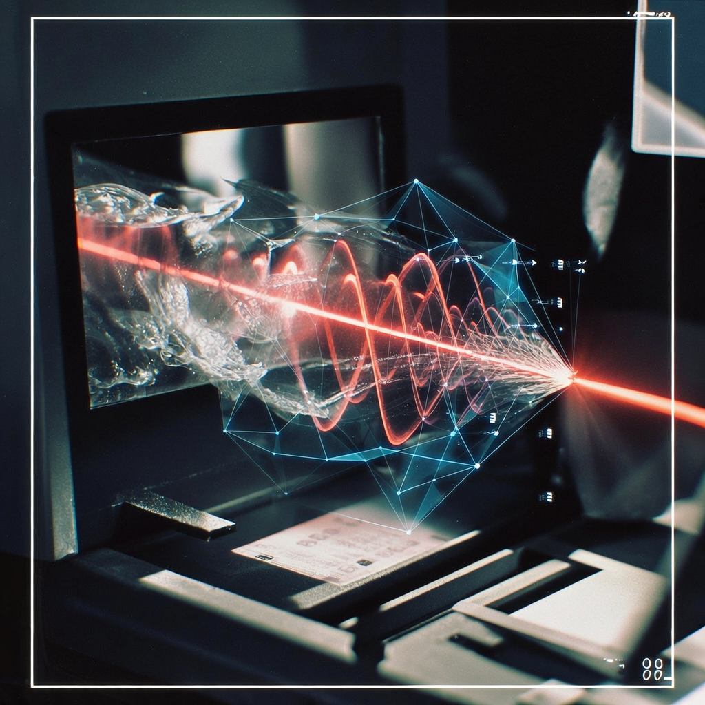 instant Polaroid photograph, vintage 1970s aesthetic, faded colors, white border frame, slightly overexposed, nostalgic lo-fi quality, amateur snapshot, laser beam splitting into warped wavefronts as it passes through shimmering pockets of turbulent air, a transparent AI neural network interface overlaying the path with real-time correction vectors converging the beam back into a coherent stream, dramatic side lighting creating high contrast between chaos and order, focused atmosphere of precision and transformation [bria/fibo/generate]