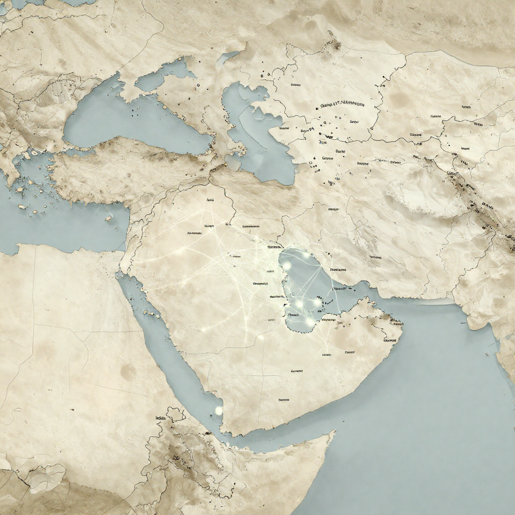 flat color political map, clean cartographic style, muted earth tones, no 3D effects, geographic clarity, professional map illustration, minimal ornamentation, clear typography, restrained color coding, flat 2D political map with worn parchment texture, subtle earth-tone color differentiation for regions, fine ink-drawn boundaries, overlay of faint bioluminescent threads tracing invisible cross-border data flows, annotated with delicate hand-inked labels pointing to emergent network clusters, top-down lighting casting soft shadows on route intersections, atmosphere of quiet discovery [Z-Image Turbo]