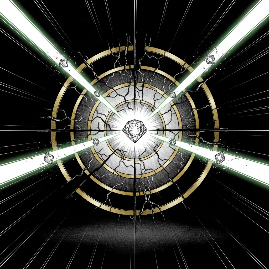 black and white manga panel, dramatic speed lines, Akira aesthetic, bold ink work, A cracked silicon bullseye antenna, its concentric rings of gold and dielectric material fractured and misaligned, mid-repair by radiant beams of green light converging from off-screen edges, each beam locking a nanodiamond into perfect position; the central diamond pulses with coherent glow as surrounding fractures seal themselves in cascading symmetry; light radiating outward in sharp speed lines, high-contrast illumination from below, shadows deep and absolute, atmosphere of silent transformation against a void-black background [Nano Banana]