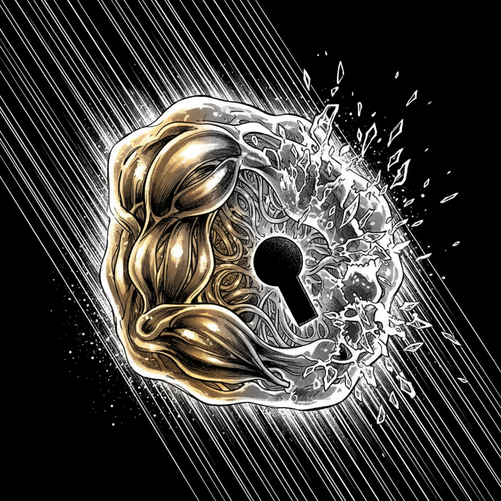 black and white manga panel, dramatic speed lines, Akira aesthetic, bold ink work, a shape-shifting biometric lock, forged from translucent smart-gel and embedded neural filaments, pulsing with internal light as its ridges reconfigure like living muscle, extreme close-up with one side glowing warm gold from trusted behavioral patterns while the other fractures into jagged, reactive shards, backlit by a stark void, atmosphere of intelligent vigilance [Nano Banana]