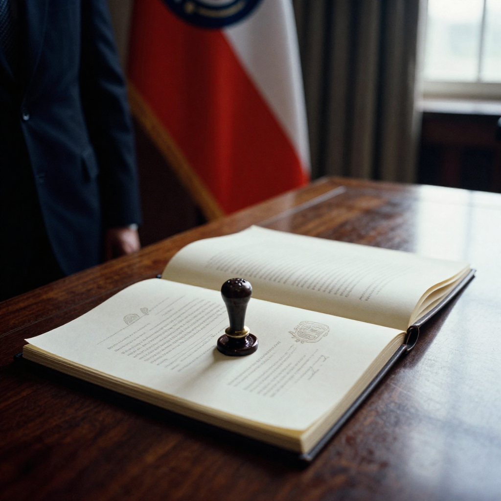 muted documentary photography, diplomatic setting, formal atmosphere, institutional gravitas, desaturated color palette, press photography style, 35mm film grain, natural lighting, professional photojournalism, a heavy parchment treaty bound in iron clasp, sealed with wax bearing a cracked official emblem, resting on a dark oak table beneath a faded national flag, side-lit by narrow window light casting long shadows, atmosphere of solemn finality and irreversible uncertainty [Z-Image Turbo]