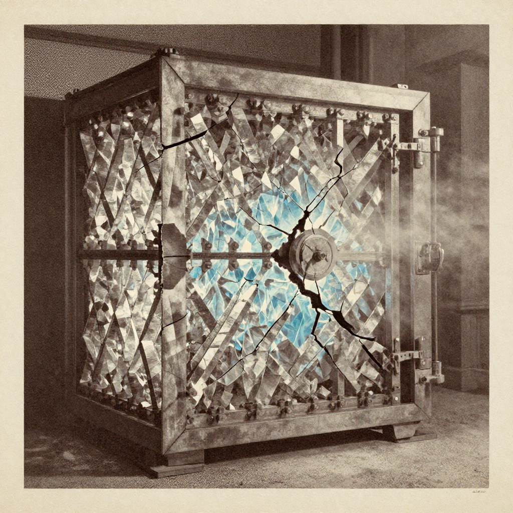 vintage Victorian newspaper photograph, sepia tone, aged paper texture, halftone dot printing, 1890s photojournalism, slight grain, archival quality, authentic period photography, a cracked vault forged from pulsating crystal lattices, its surface fractured by a single hairline breach glowing with internal blue ion-light, illuminated by sharp side-lighting that casts long shadows across its fractured facets, the air around it vibrating with faint electromagnetic haze, the silence broken only by the slow, crystalline creep of propagating failure [Z-Image Turbo]