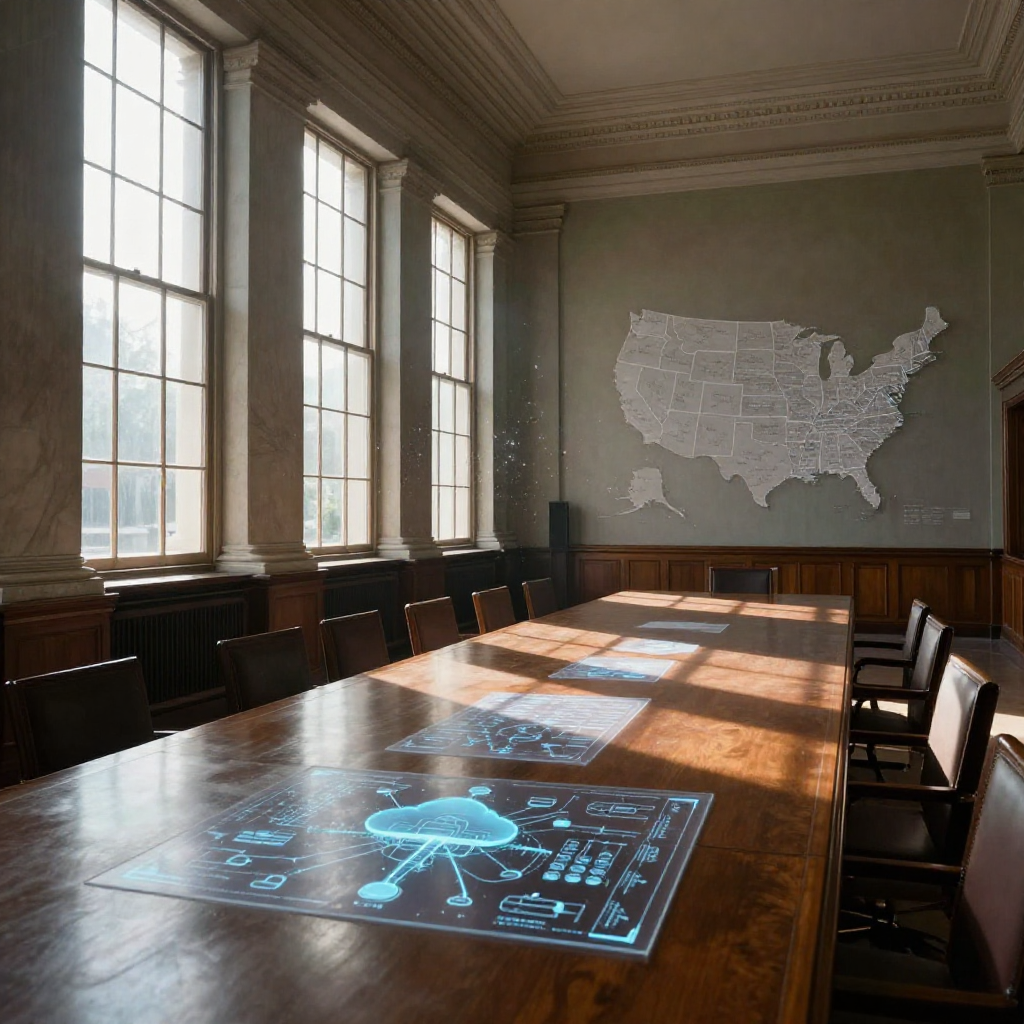 empty formal interior, natural lighting through tall windows, wood paneling, institutional architecture, sense of history and permanence, marble columns, high ceilings, formal furniture, muted palette, long mahogany boardroom table stretching into shadow, scattered with translucent data sheets showing glowing network diagrams of cloud infrastructure, cyber defense grids, and medtech innovation clusters, natural light slicing diagonally from floor-to-ceiling windows, dust motes hovering over a map where U.S. and Israeli tech sectors cast longer shadows than others [Z-Image Turbo]