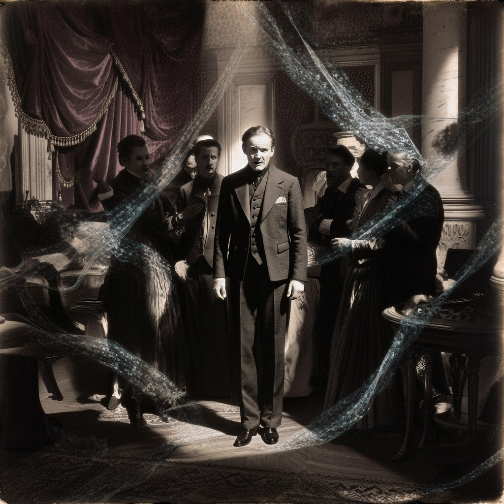 vintage Victorian newspaper photograph, sepia tone, aged paper texture, halftone dot printing, 1890s photojournalism, slight grain, archival quality, authentic period photography, A tense gathering in an opulent, gilded-age salon with velvet drapery and marble columns, a central figure stands isolated under a sharp spotlight while shadowy, shimmering data streams like ethereal lace encroach upon the traditional setting, dramatic side-lighting casting long, distorted shadows and highlighting anxious expressions, an atmosphere of clandestine crisis and decaying elegance. [bria/fibo/generate]