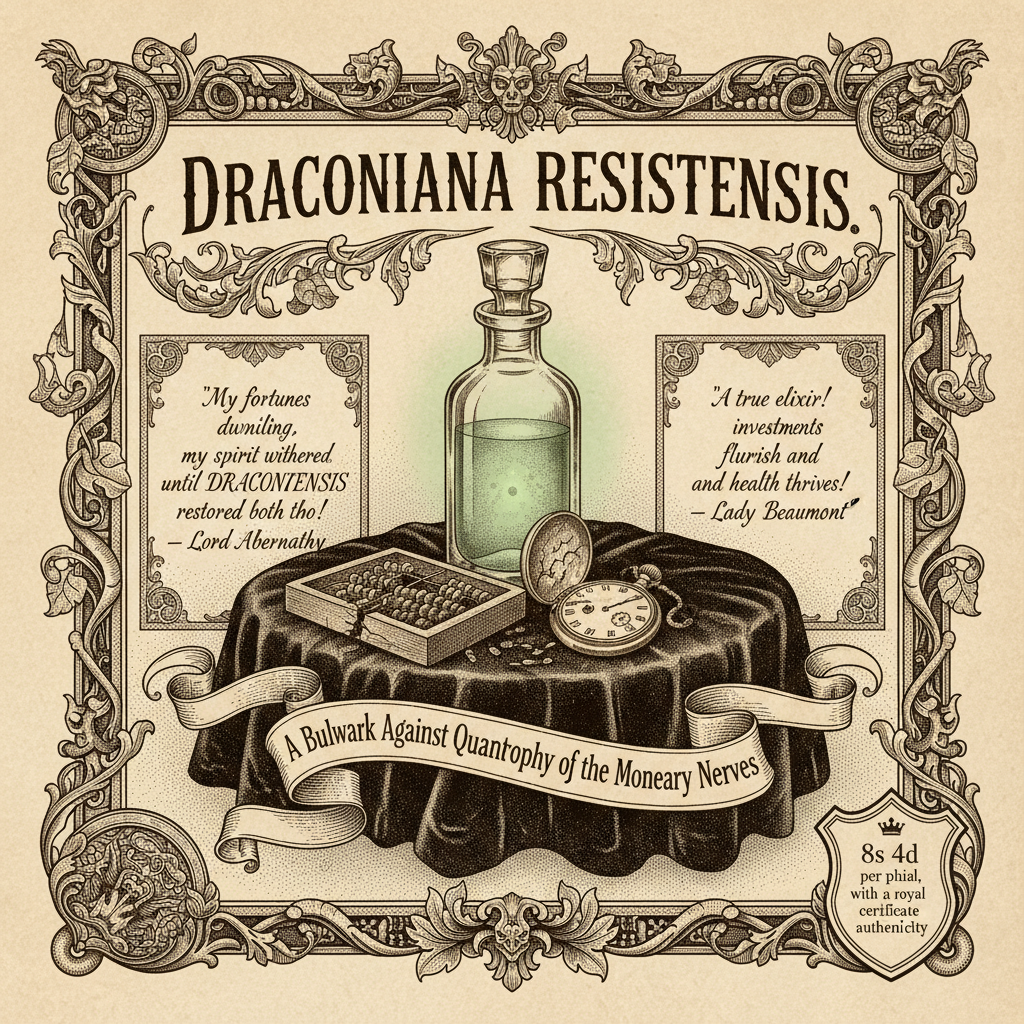 Victorian patent medicine advertisement, ornate decorative border with scrollwork and serpentine flourishes, bold Victorian serif typography headline reading "DRACONIANA RESISTENSIS", elegant glass medicine bottle with glowing green liquid centered on a black velvet drape, cracked abacus and opened pocket watch at its base symbolizing financial and temporal decay, scrolled banner beneath reading "A Bulwark Against Quantum Atrophy of the Monetary Nerves", vintage halftone dot printing texture, sepia tone with aged paper effect, decorative bordered panels containing flowing cursive testimonials, price notation in a corner badge with crown emblem reading "8s 4d per phial, with a royal certificate of authenticity", 1890s commercial advertising aesthetic, intricate embellishments and engraved illustration style [Nano Banana]