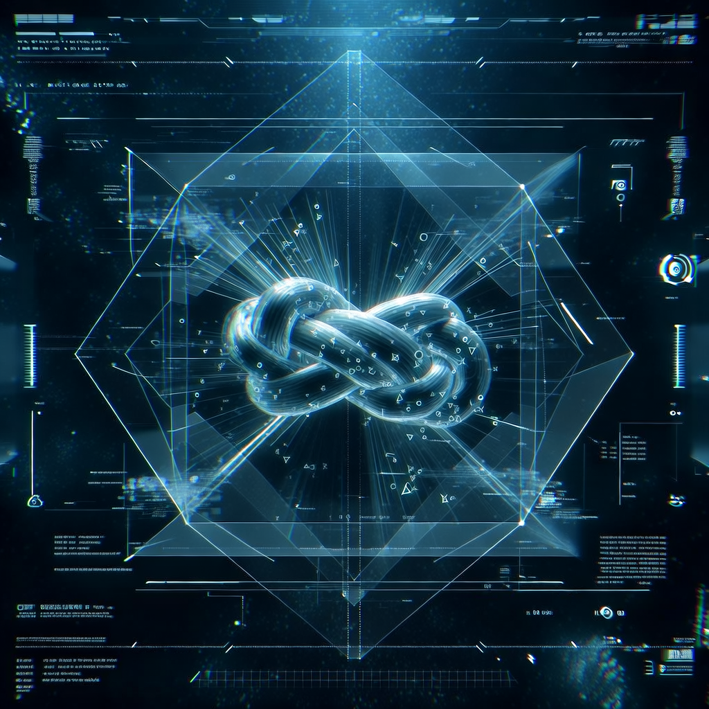first-person view through futuristic HUD interface filling entire screen, transparent holographic overlays, neon blue UI elements, sci-fi heads-up display, digital glitch artifacts, RGB chromatic aberration, data corruption visual effects, immersive POV interface aesthetic, a braided knot within a shifting geometric lattice, woven from faintly glowing quantum filaments and etched with transient topological symbols, centered in a transparent HUD interface, light radiating outward from the knot in discrete angular bursts, the surrounding overlay marked with minimalist data readouts and coordinate grids that flicker like unstable measurements, cold blue light from above, a silent, precise atmosphere of quantum observation [Bria Fibo]