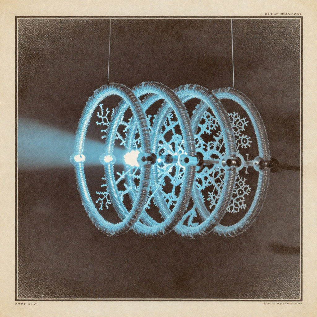 vintage Victorian newspaper photograph, sepia tone, aged paper texture, halftone dot printing, 1890s photojournalism, slight grain, archival quality, authentic period photography, a suspended cryogenic lattice of twisted superconducting loops, forged from niobium-tin alloy and etched with fractal group symmetries, lit from the left by a narrow beam of cold blue light, frost forming along reconfigured nodes, in an atmosphere of suspended transformation—where topology becomes resilience [Z-Image Turbo]