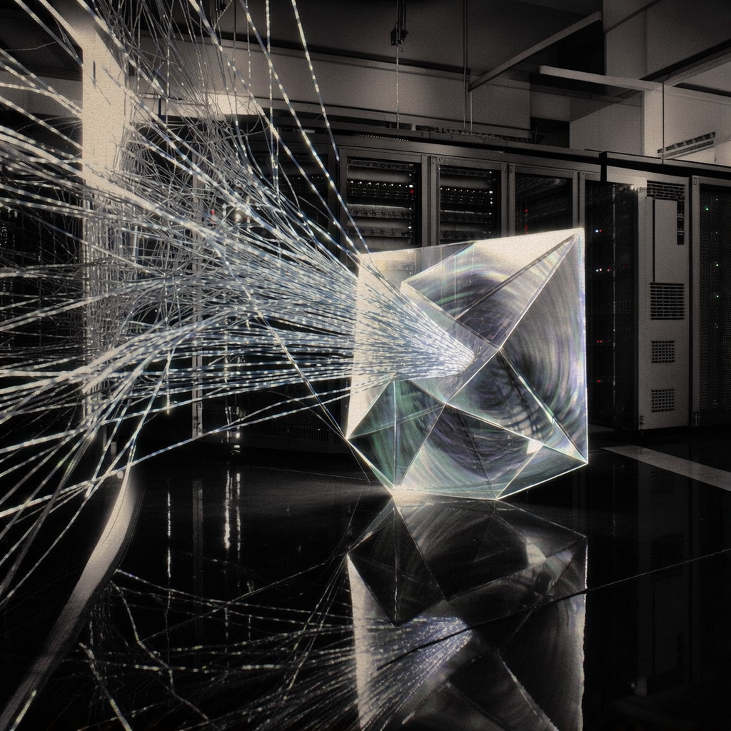 vintage Victorian newspaper photograph, sepia tone, aged paper texture, halftone dot printing, 1890s photojournalism, slight grain, archival quality, authentic period photography, A glowing, intricate web of optical fibers carrying particles of light converges with a semi-transparent, shimmering geometric data shield hovering in a secure server room, with dual-source lighting from the fiber nodes and the shield casting intersecting beams and complex shadows on polished black floors, conveying a tense atmosphere of advanced, layered digital fortification. [bria/fibo/generate]