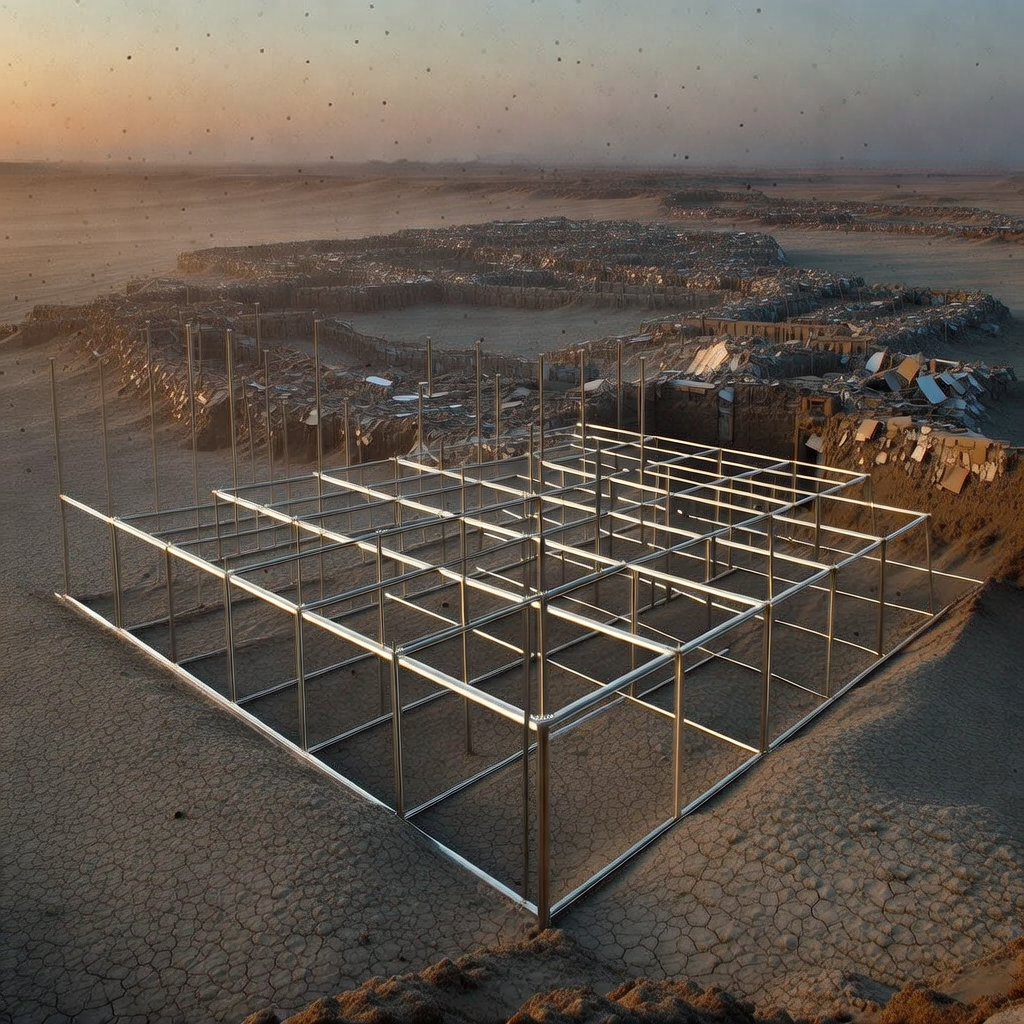 industrial scale photography, clean documentary style, infrastructure photography, muted industrial palette, systematic perspective, elevated vantage point, engineering photography, operational facilities, a self-replicating survey grid of thin, luminous metal beams rising from cracked desert terrain, stretching toward distant informal settlements made of fragmented clay and corrugated textures, viewed from a high oblique angle, the grid expands uniformly while subtly warping to conform to organic slum outlines, illuminated by low-angle amber twilight from the west, atmosphere of dry haze and suspended dust, sense of silent, inevitable encroachment [Bria Fibo]