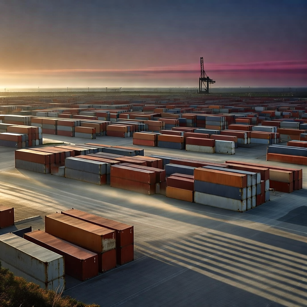 industrial scale photography, clean documentary style, infrastructure photography, muted industrial palette, systematic perspective, elevated vantage point, engineering photography, operational facilities, A vast geometric grid of shipping containers in a coastal logistics hub, color-coded in gradients of copper and slate, stretching to the horizon under a dusky, split-toned sky. Rows converge with machine precision under angled golden backlight from the setting sun, casting long, parallel shadows across the tarmac. Thin veils of industrial haze hover at ground level, diffusing the light into faint glimmers along the container seams. In the far distance, a single crane stands idle, silhouetted against a streak of deep magenta—hinting at paused momentum and the quiet before systemic recalibration. [Bria Fibo]